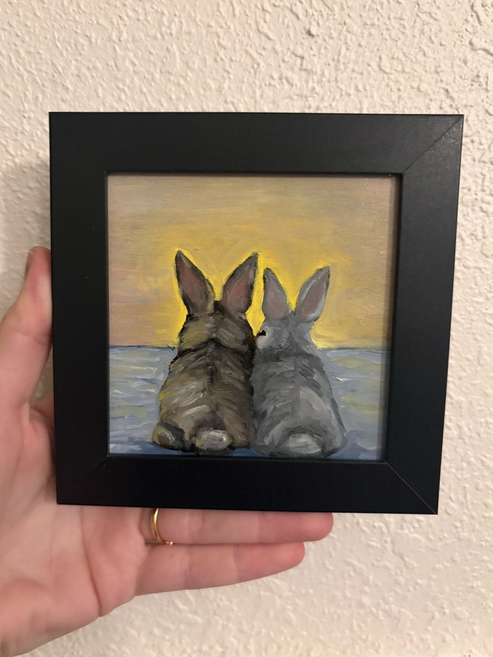 "Together #4โ Original oil painting on wood board mini framed 4x4"
